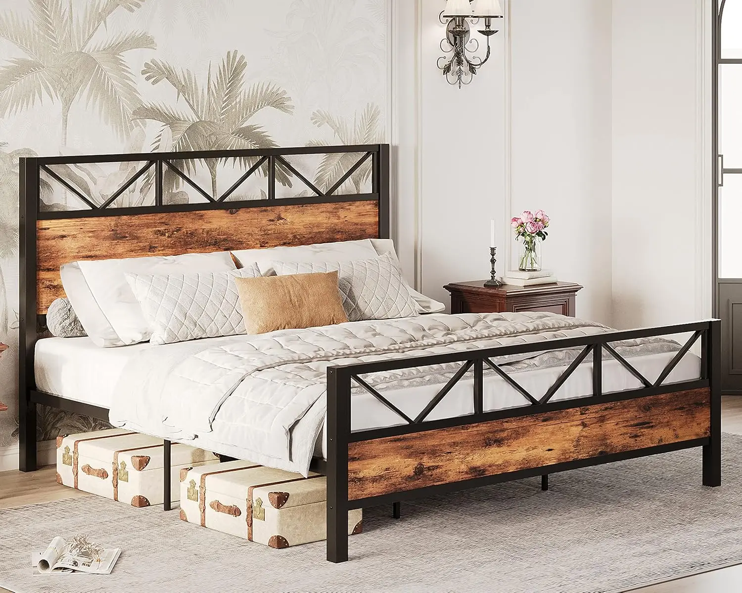 Bed Frame, Tall Industrial Headboard , Platform Bed Frame with Strong Metal Support, Solid and Stable, No Box Spring Needed