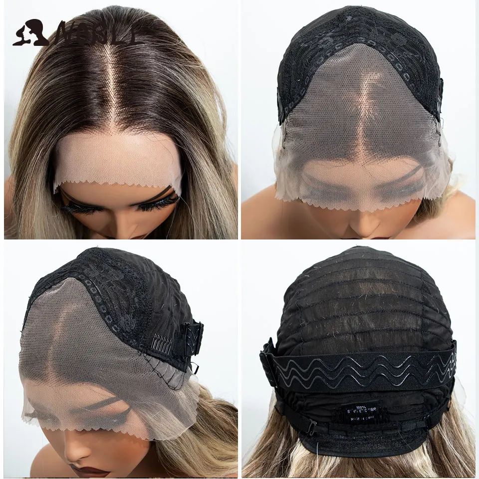 Noble 28 Zoll Synthetische Lace-Front-Perücken für schwarze Frauen, 13x4, vorgezupft, geschichtet, Ombre Braun-Blond mit Highlights, Perücken für den täglichen Gebrauch – Detail 6