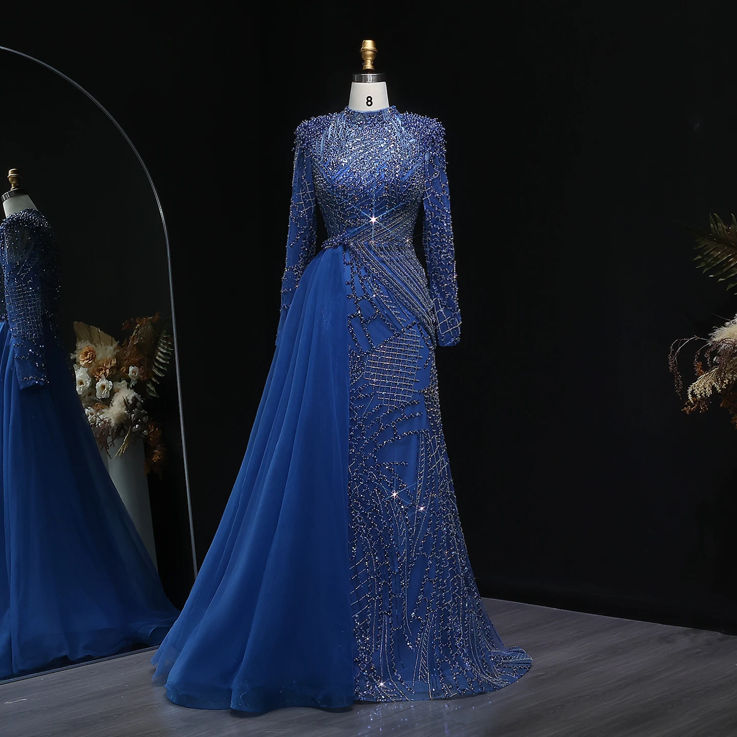 Sharon Said Luxuriöses Perlenbesetztes Staubrosafarbenes Abendkleid mit Schlitz-Seitenrock, Damenkleid mit Langen Ärmeln für Hochzeitsfeier, SS064 Maßanfertigung – Detail 16