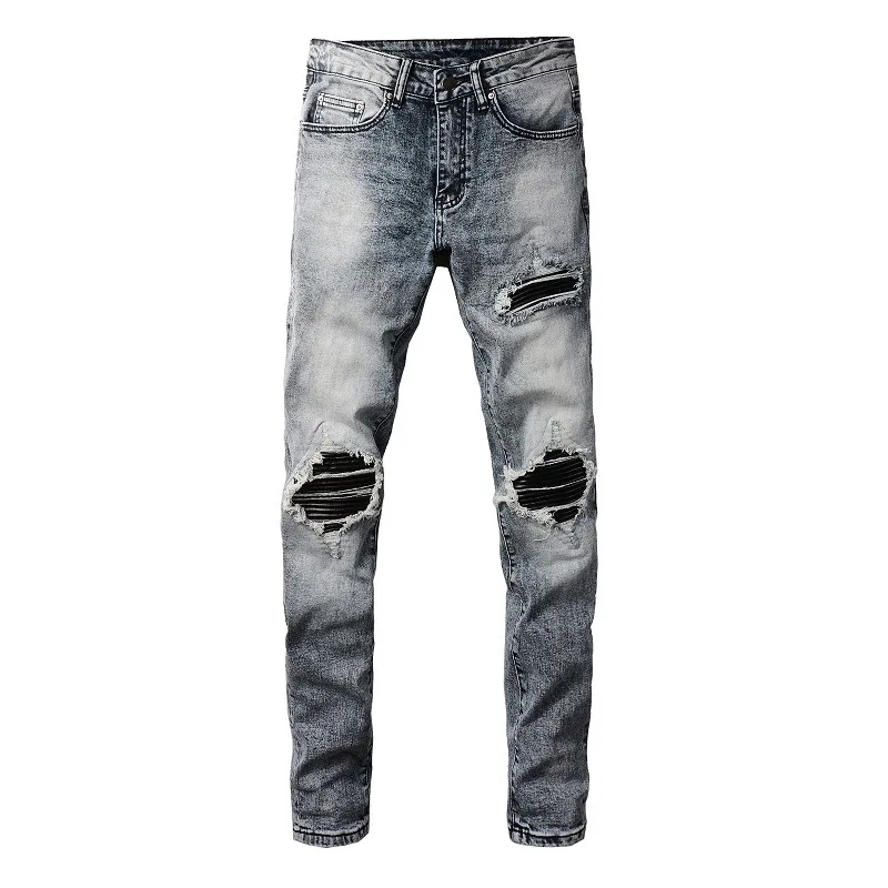 

Denim Pant Men Jeans Vintage Sheath Pants High Waist Distressed Hole Pu Scratched Patch Trousers Y2k Streetwear Splice Casual