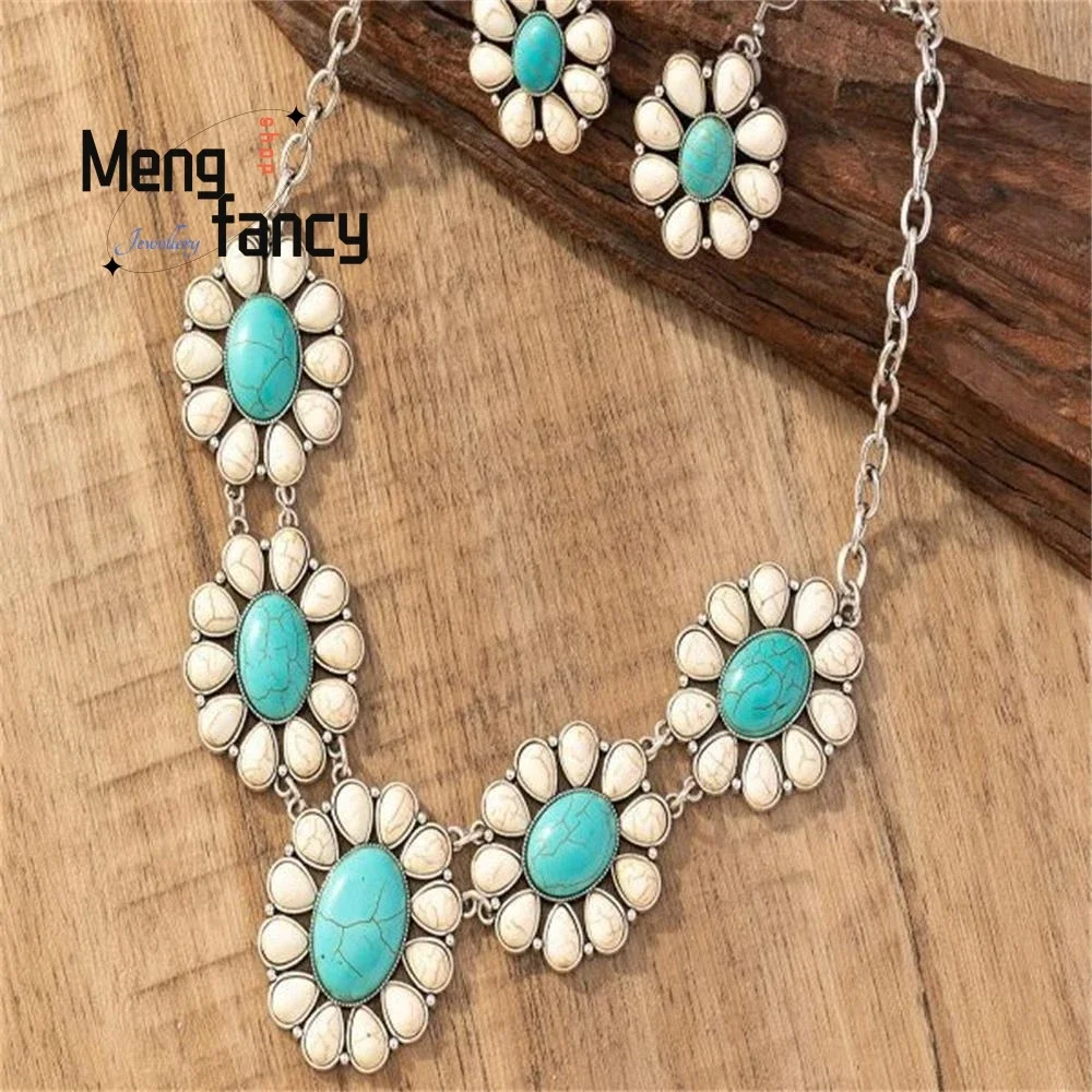 

Natural Vintage Personalised Turquoise Flower Earrings Necklace Bohemian Ethnic Style Exquisite Fashion Jewellery Holiday Gifts