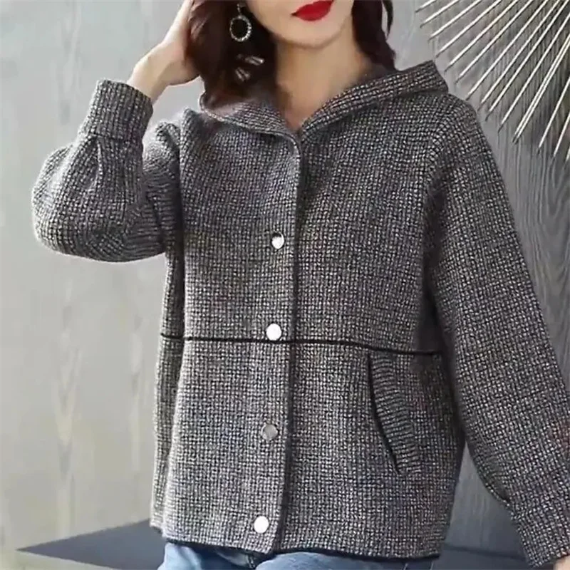 2024 NEW Spring Autumn Female Plaid Cardigan Jacket Hooded Knitted Coat Middle Aged Women Casual Cardigan Sweater Overcoat 4XL