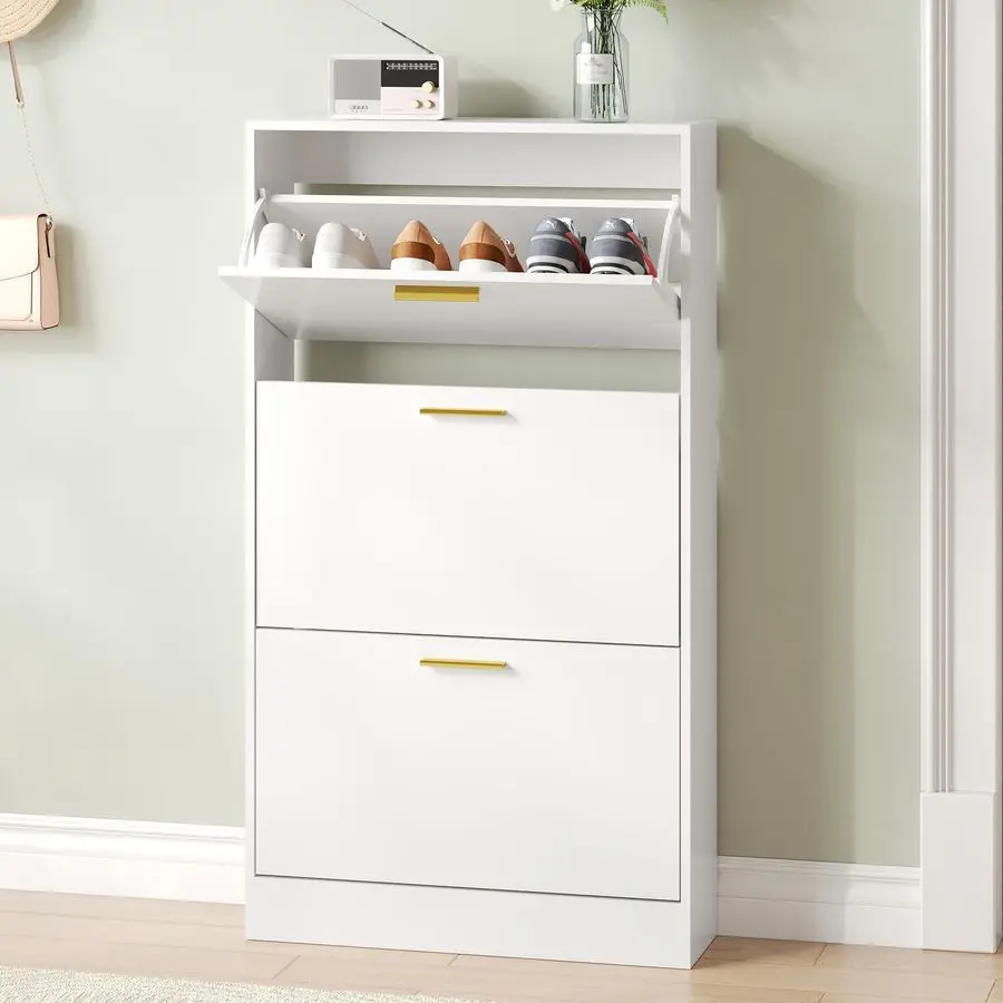 

Fluted Shoe Cabinet Storage for Entryway, White Shoe Organizer with 2 Flip Drawers Open Shelf, Freestanding Hidden Large Shoe S