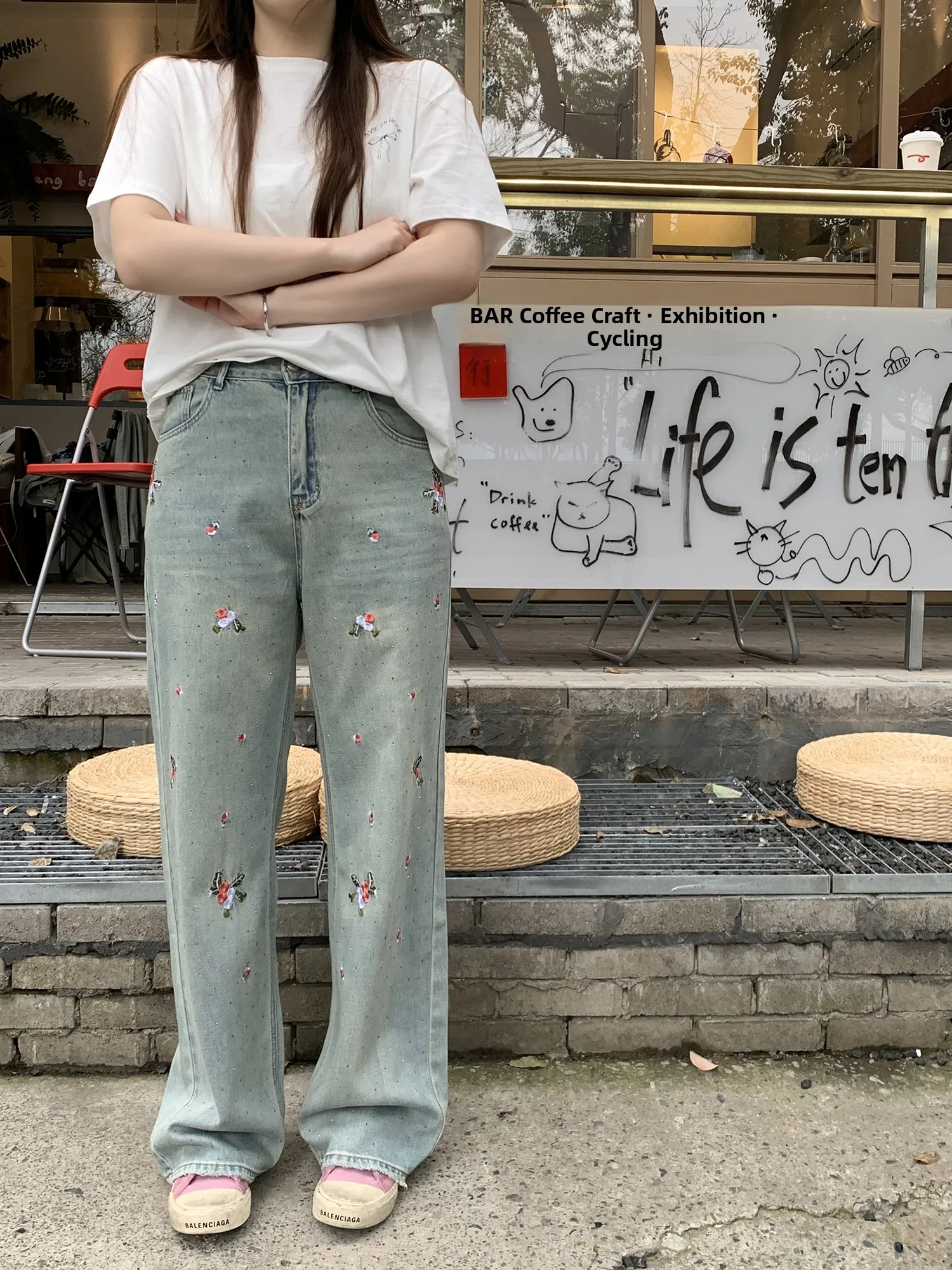 

Джинсы женские с высокой талией, прямые, облегающие, с вышивкой в виде ромбов, с эффектом похудения, в новом китайском стиле