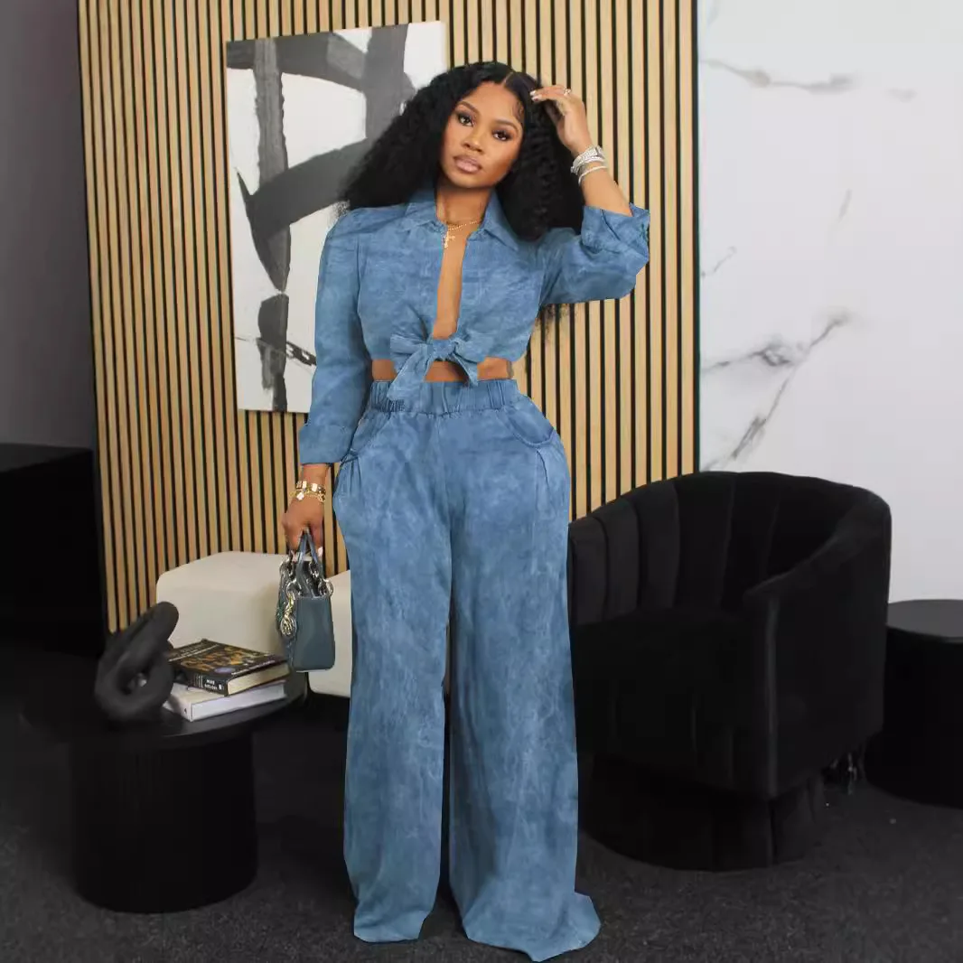 الخريف النساء دعوى التلبيب بأكمام طويلة الدانتيل متابعة قميص علوي مرونة الخصر واسعة الساق بنطلون Conjunto Dos Piezas Mujer Elegante عادية