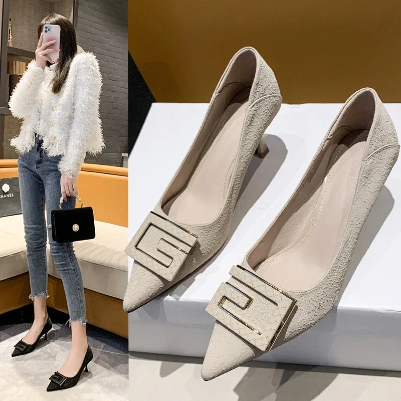 

Women Dress Shoes Low Heels Elegant Pumps Square Button Pointy Toe Shallow Mouth Leather Slip-On Green Wine Black