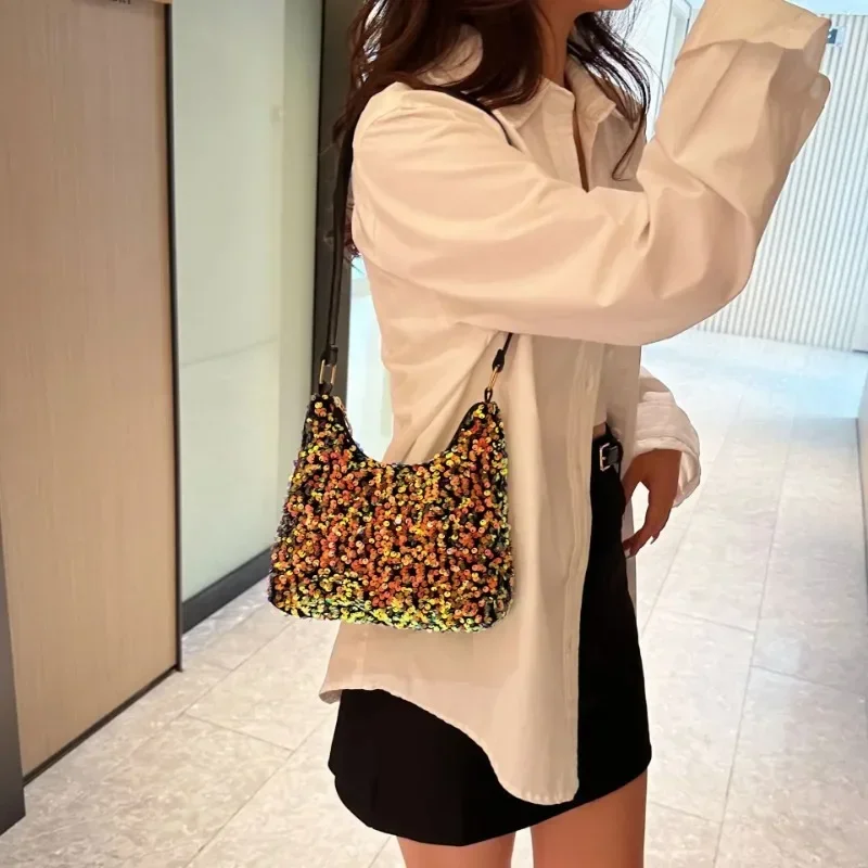 New Fashion Contrast Sequin Shoulder Bag Colorful Sequin Casual Crossbody Bag Women Versatile PU Leather Zipper Underarm Bag