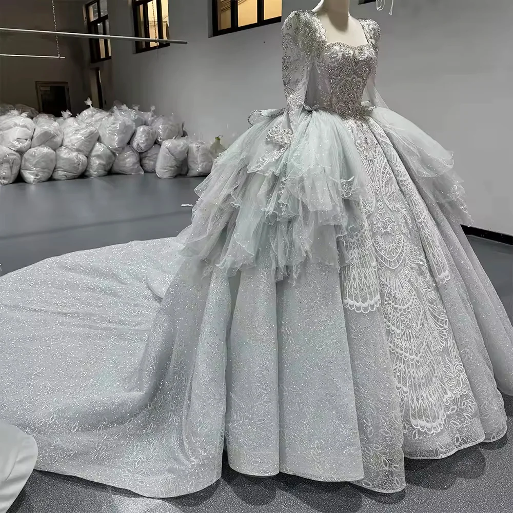 Vestido De Noiva Sereia maniche lunghe colletto quadrato perline abito da ballo di cristallo abito da sposa con buco della serratura sul retro