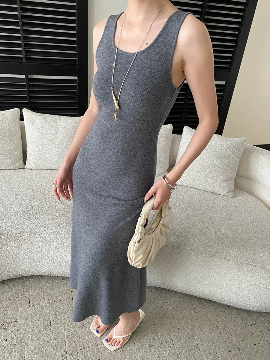 Frühlings- und Sommerkleid für Damen, einfarbig, modisch, im Pendlerstil, schmal geschnittenes Strickkleid – Detail 12