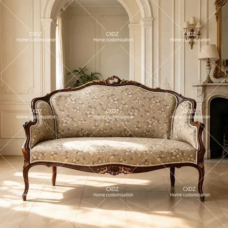 Retro Solid Wood Sofa Double Engraved Light Colored Flower Fabric Living Room Furniture Customizable