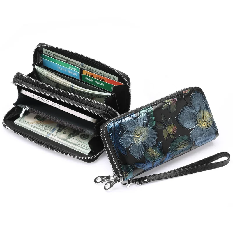 Western Double Zipper Large Capacity Rfid Leather Women Wallet Fashion Many Card Position Rose Embossed Purse for Ladies