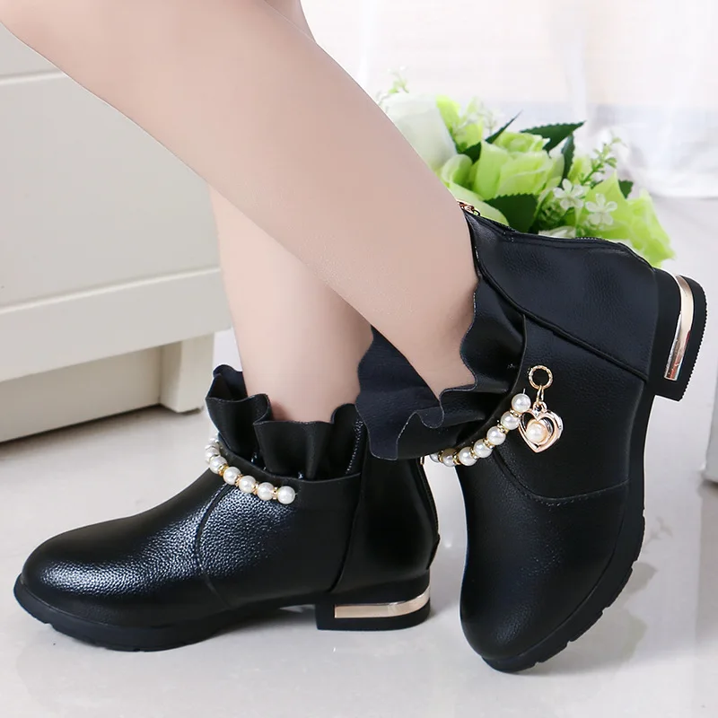 Girls Ankle Boots 2022 New Autumn And Winter Fashion Lotus Leaf Lace Beaded Zip Beautiful Princess Non-Slip Children Warm Plush