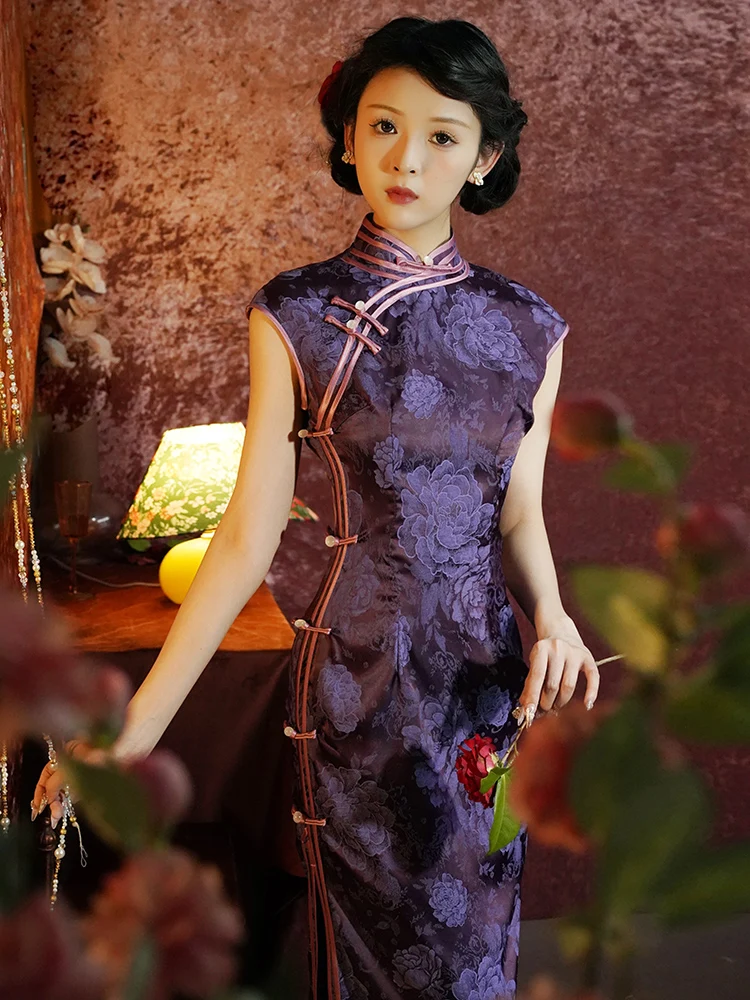 

Элегантное фиолетовое длинное платье для женщин в китайском винтажном стиле, повседневное, в стиле династии Цин, высокое качество, эксклюзивно онлайн