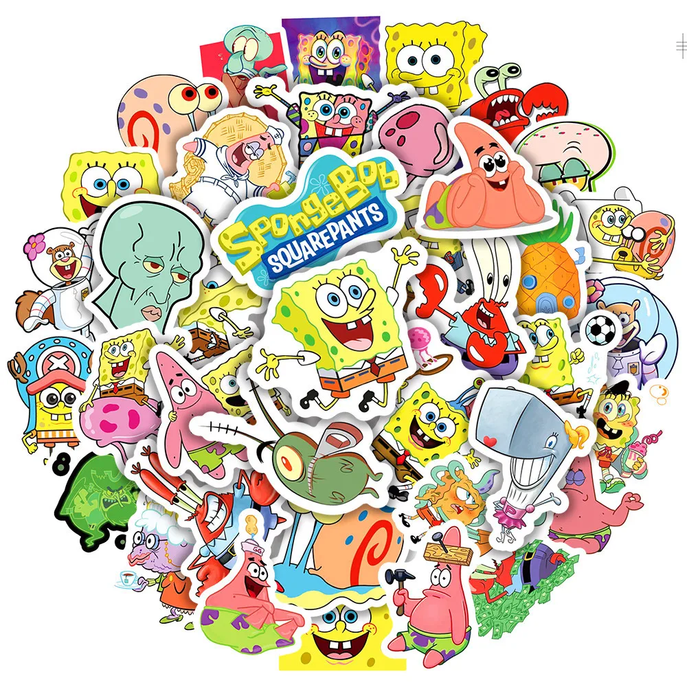 50pcs SpongeBob Squar Cartoon Robot Decorations Stickers Mobile Phone Case Hand Ledger Waterproof Sticker Wholesale For Kids Toy