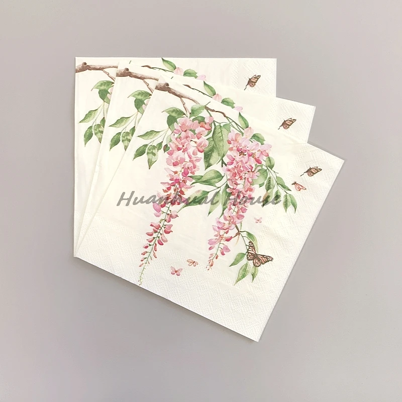 20Pcs/Bag Vintage Pink Flowers Butterfly Decoupage Paper Napkins Floral Paper Serviettes for Xmas Birthday Party Tableware Decor