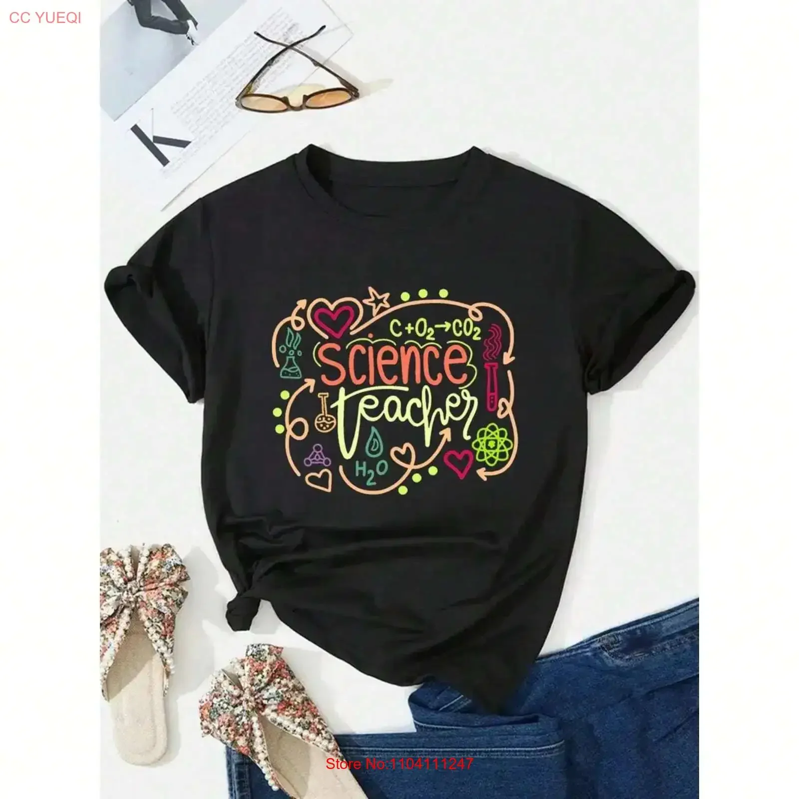 Women's Scientific Pattern T shirt Soft Round Neck d Top vintage Washed Slightly fashion Top For Everyday Wear Unisex Stylish