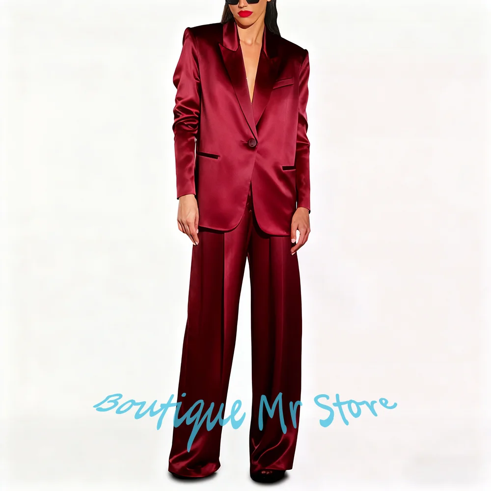 

Gorgeous Women's Tailored Satin Suit Single Button Peaked Lapel 2Piece(Jacket+Pants) Set Elegant Evening Formal Party Attire