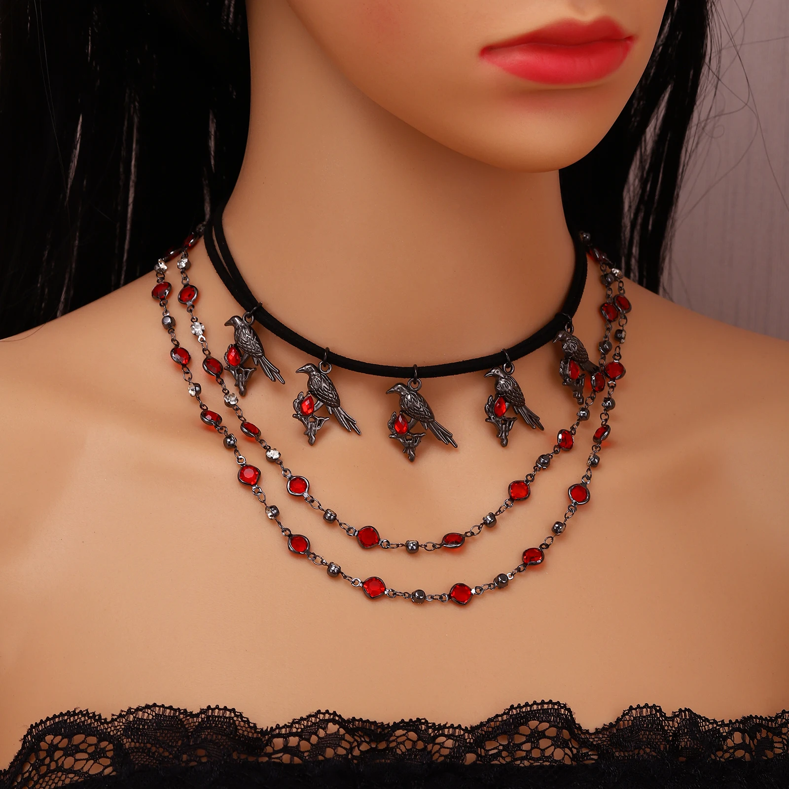 

Halloween Gothic Raven Multi Pendant Ruby Necklace Set Stacked Multi-Layer Necklace For Women Charm Jewelry Party Gift