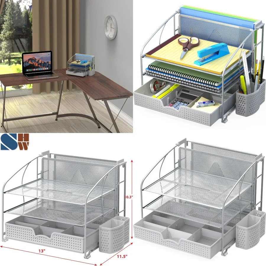 

3-уровневый настольный органайзер с выдвижным ящиком для эффективного управления рабочим пространством, подвесной держатель для файлов и держатель для ручек, аксессуар, серебристый