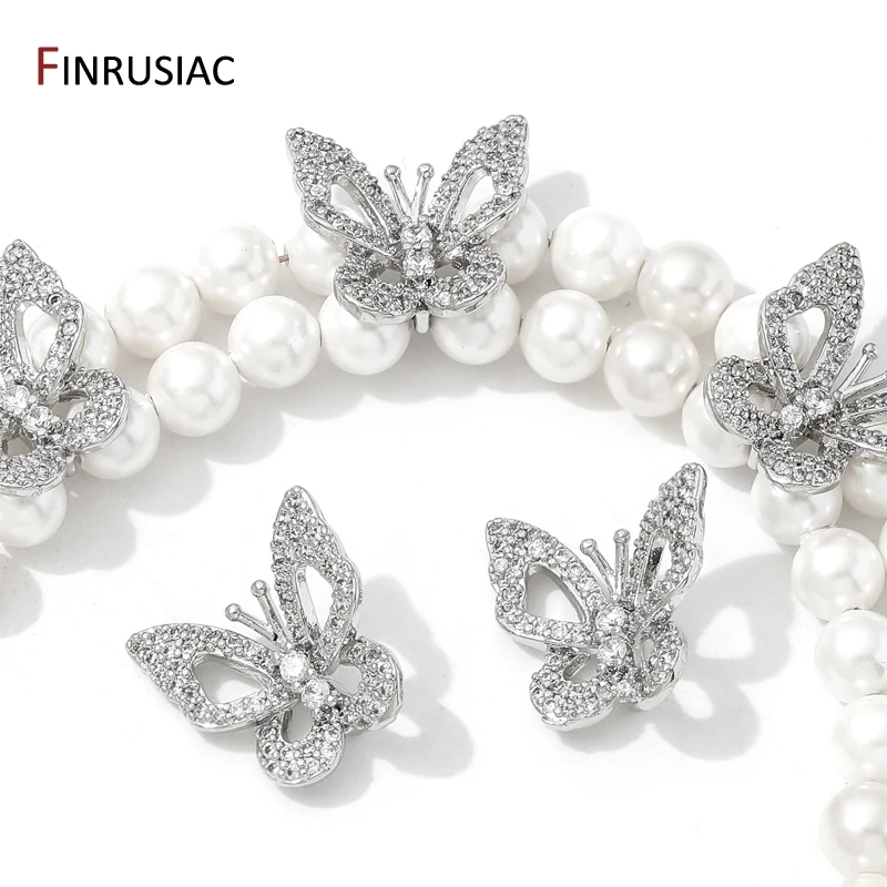 Rhodium Plated Brass Inlaid Zircon Butterfly Shape Spacer Beads,Separator Beads For DIY Pearl Necklace Bracelet Making Findings
