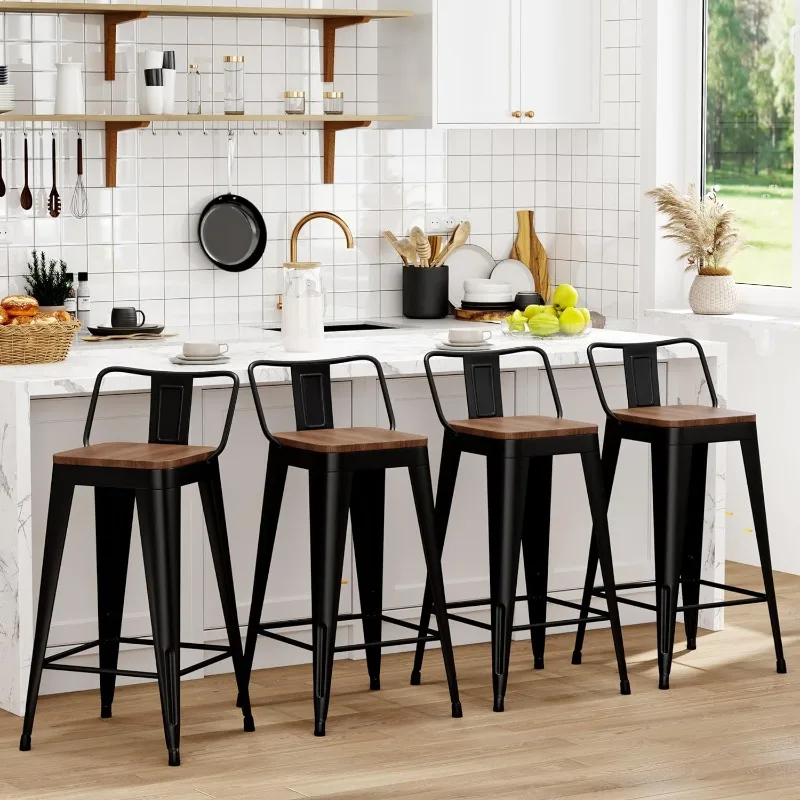 Metal Bar Stools Set of 4 Counter Height Bar Stools Barstools with Removable Back Kitchen Bar Stools with Wooden Seat