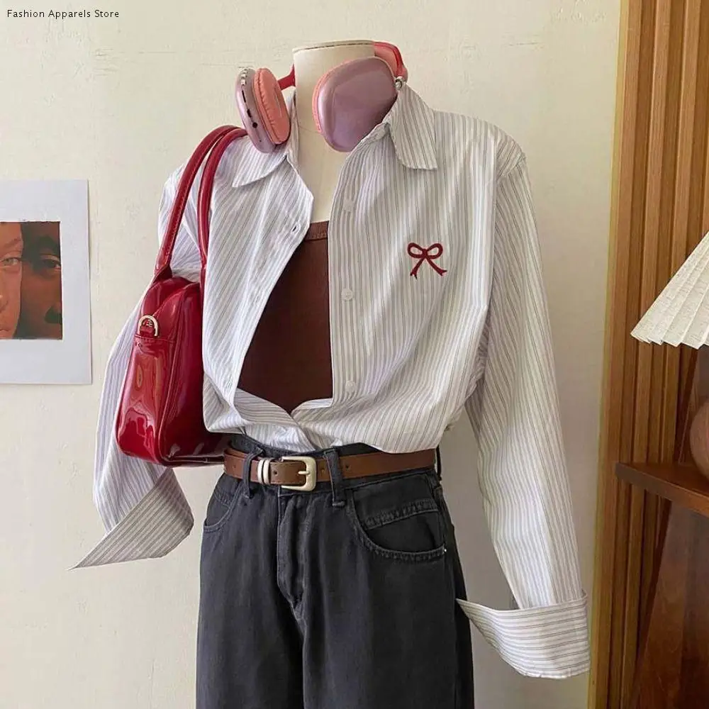

Y2K Striped Button Up Shirts Preppy Style Loose Stripe Blouse Women Spring Autumn Embroidery Bowknot Long Sleeve Blouse Girls