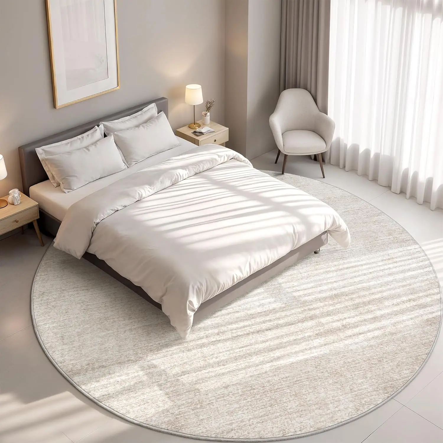 Neutral Beige Linear Texture Round Rug Light Weave Effect for Minimalist Home Styling