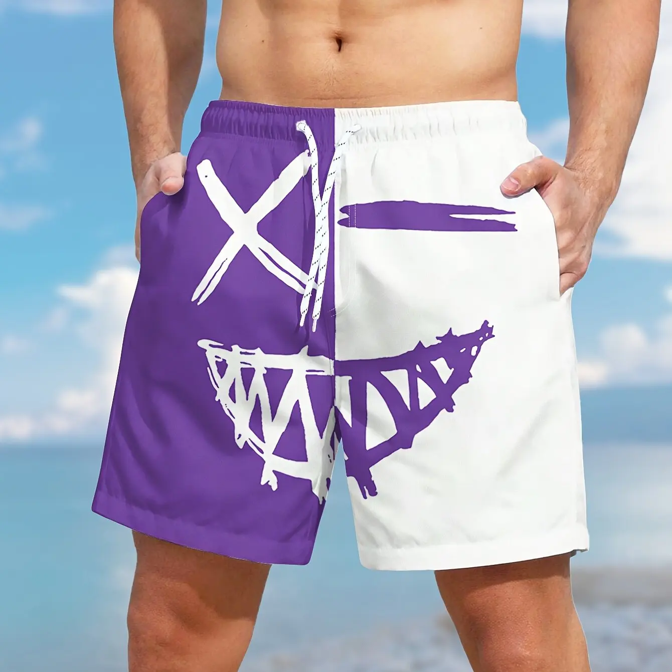 Men\'s Color Matching Smiling Face Graphic Print Shorts With Pockets Casual Drawstring Shorts For Beach Summer Swimming Surfing