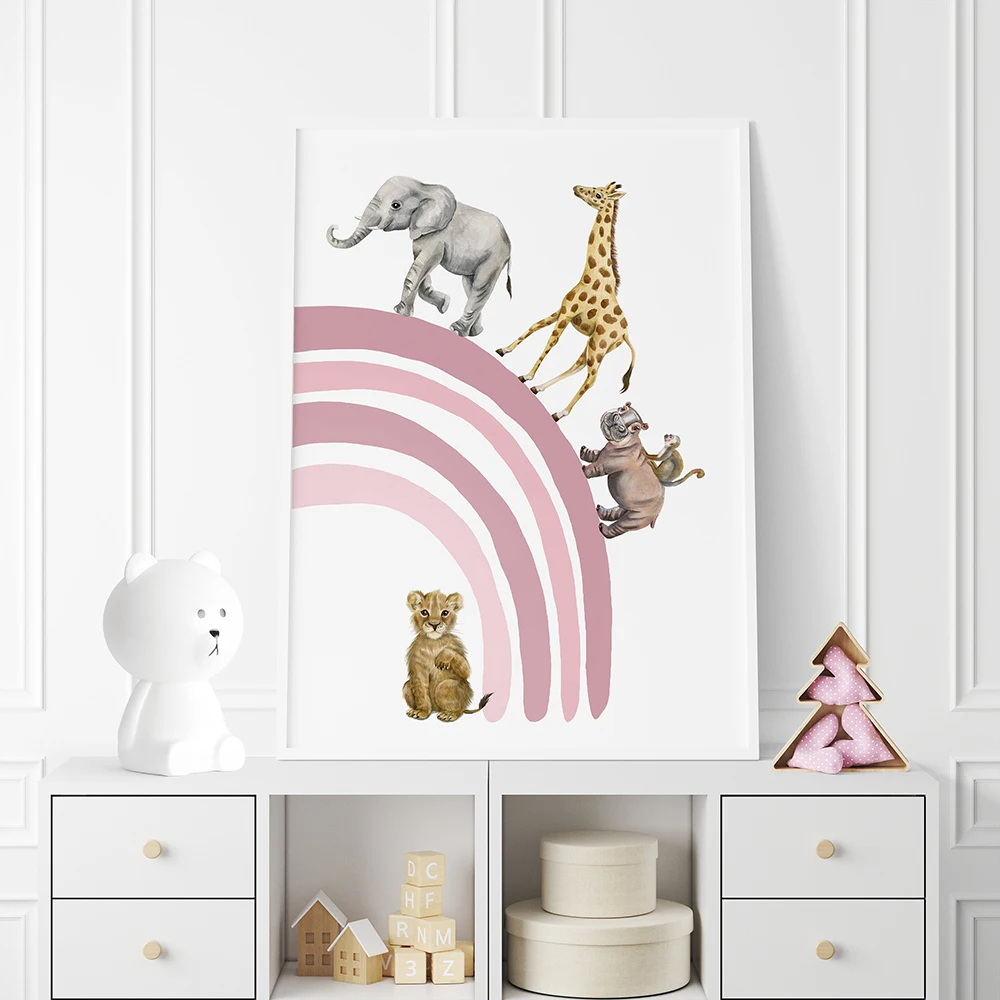 Personalised Name Safari Animal Nursery Prints Beige Pink Rainbow Hot Air Balloon Decor Set Of 3 Boy Girl Birthday Gift  Posters