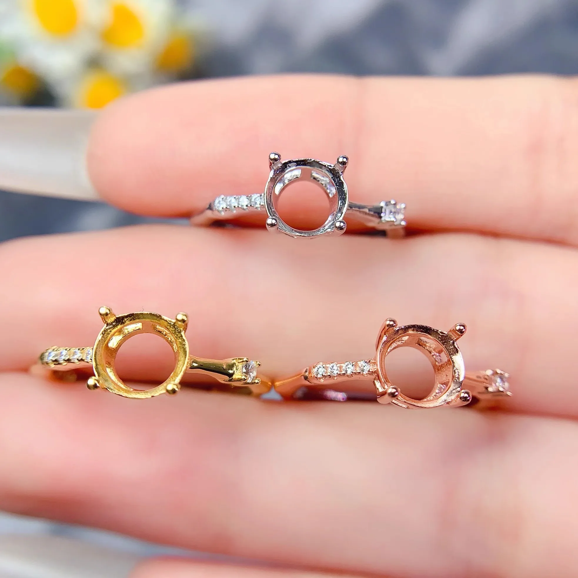 L S925 Sterling Silver DIY Empty Holder Ring Settings 7mm Circle Stone Fine Simple Zircon Design Weddings Jewelry for Woman