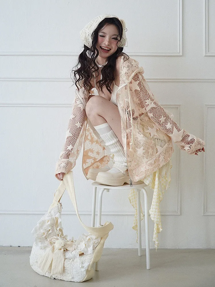 Personality Chic Beige Star Gauze Versatile Hollow Out Hooded Top Sexy Loose Fashion Age-reducing Long-sleeved Zipper Cardigan