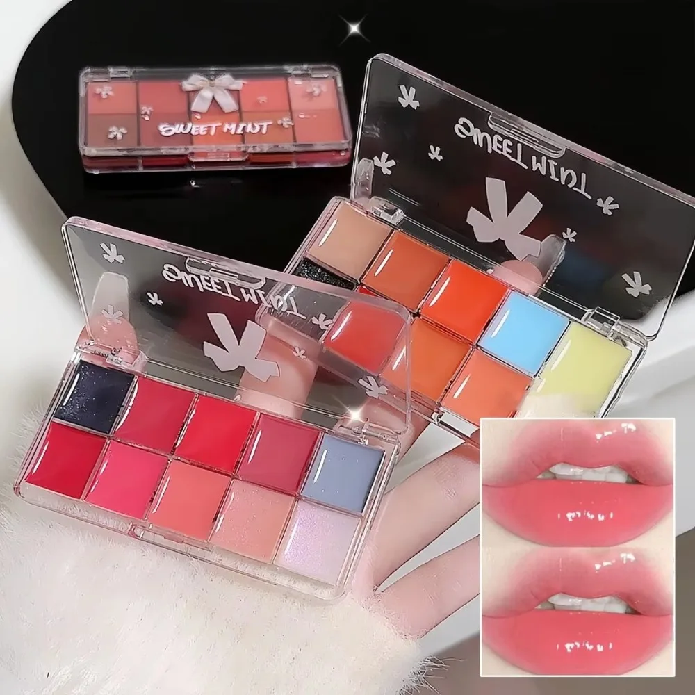 New Jelly Plate 10-Color Lip Moisturizing Water Glass Red Orange Lip Oil Balm Makeup Palette Sexy Plump Mirror Crystal Lip Gloss