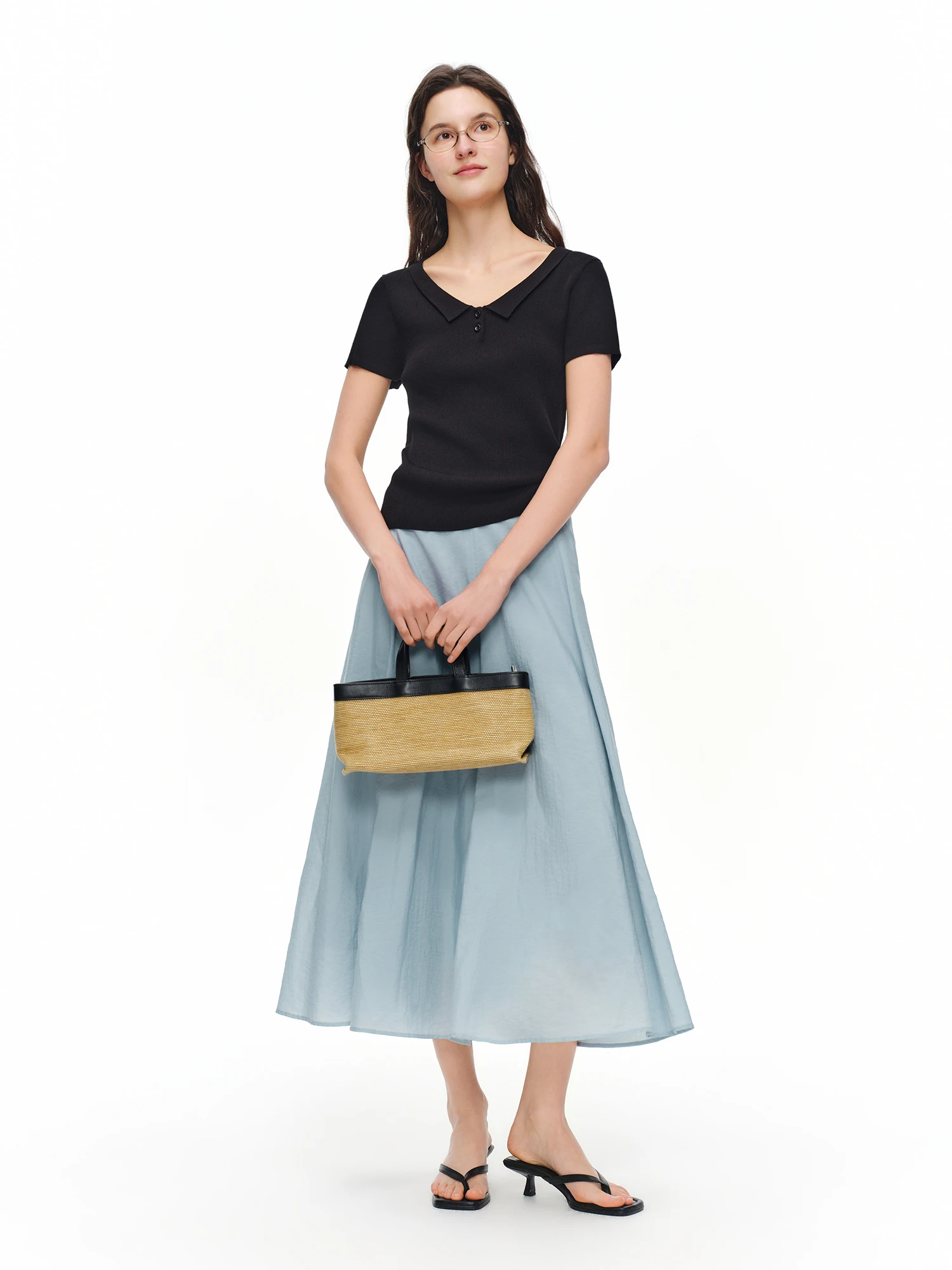 DUSHU Women  V-Neck Turned-Down Collar Knit Short Sleeve Slim-Fitting Figure-Hugging Top 2026 Summer New Arrival Comfortable Top