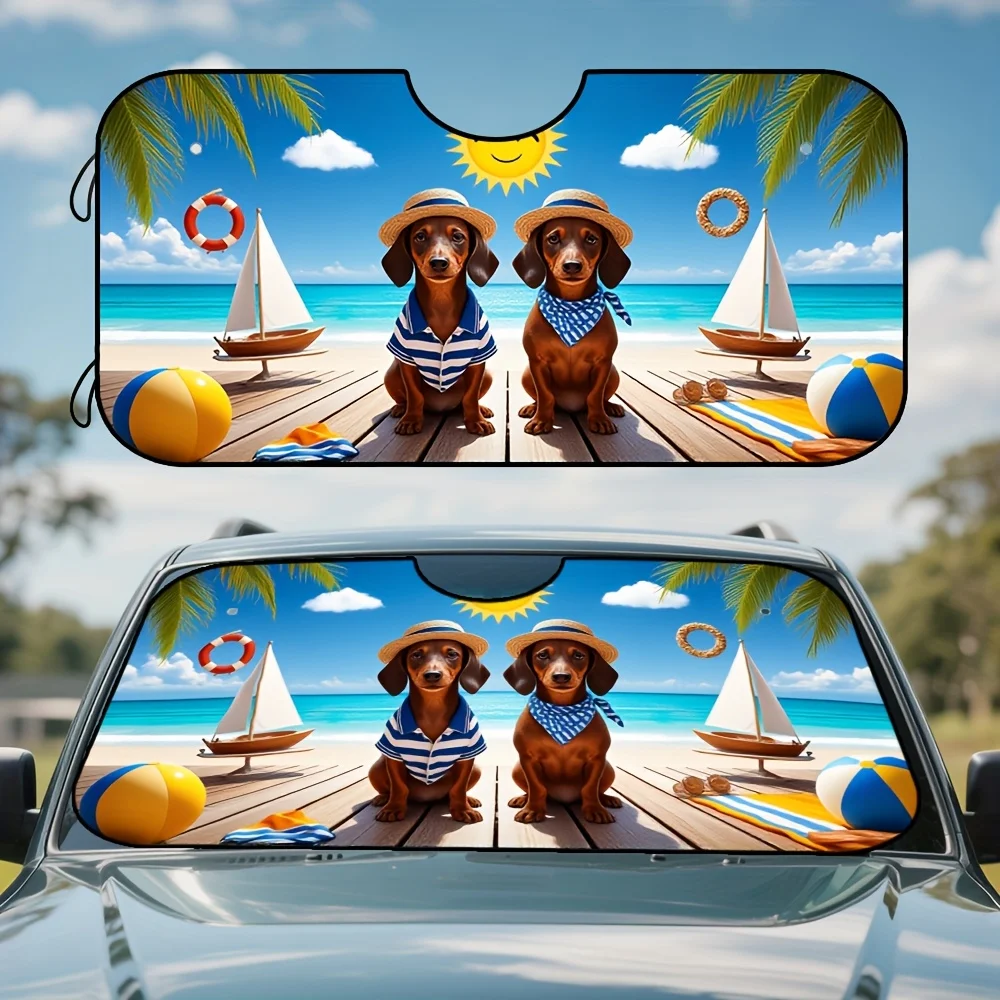1pc Summer Dachshund Beach Vacation Print Foldable Front Windshield Sun Shade - UV Protection & Heat Reduction Car Sun Visor, Co