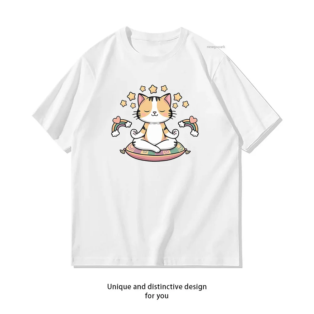 Cute Meditating Cat Rainbows T-shirt Woman Man Casual Cotton Printed T Shirts Adult Streetwear Camisetas Tops