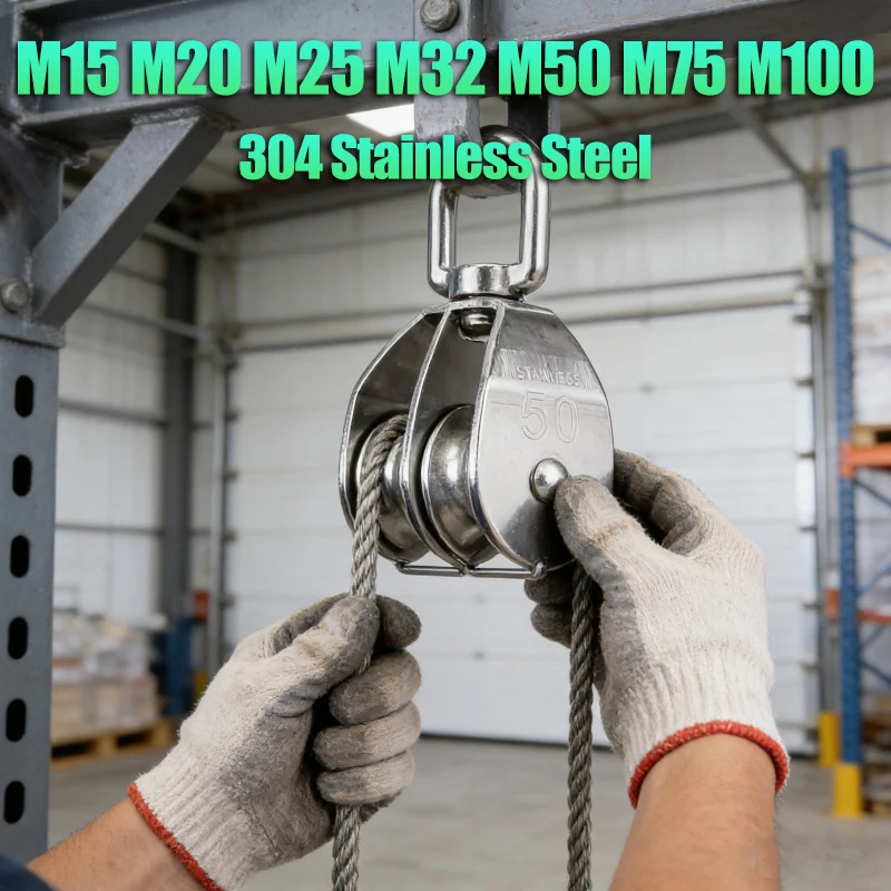 304 Stainless Steel Pulley Sheave M15-M100 Wheel Lifting Single/Double Pulley Set Lifting Wheel Tools Wire Rope Chain Pulley