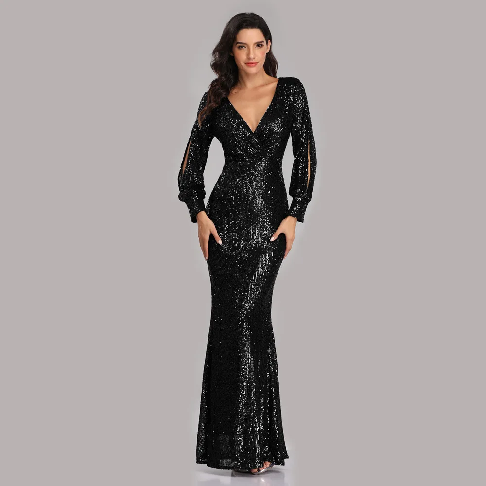 Elegant Women Prom Dresses Performance Pretty Sexy Deep V Neck Sequins Mermaid Lady Weddings Evening Formal Party Dress