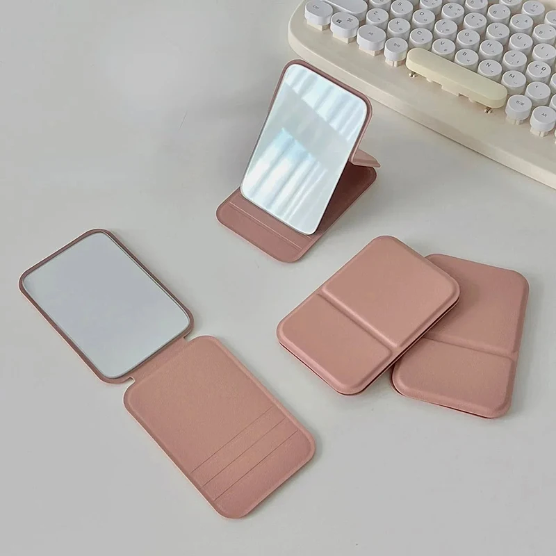 1PCS Desktop Makeup Mirror Solid Color PU Leather Simple Portable Handheld Makeup Mirror Foldable Student Compact Pocket Mirror