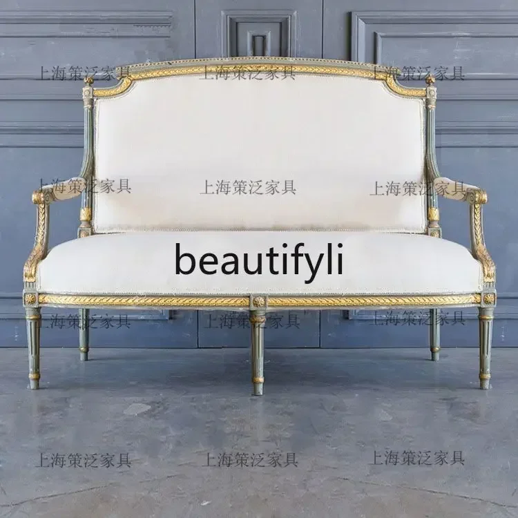 

Cy56 French gold retro solid wood carving flower single double three-person sofa American country living room studio meeting