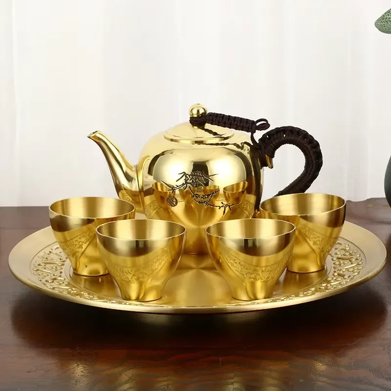 High Quality Chinese Brief Copper Teapot Cup Retro Brewing a Set of Pure Copper Sets