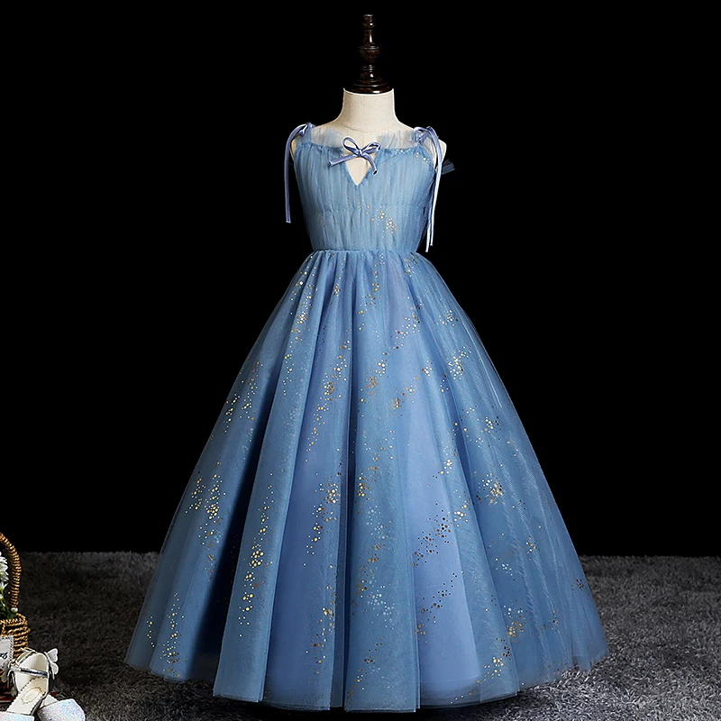 

Evening Dress Sequins Elegant Simple Spaghetti Strap V-Neck Pleat Floor-Length Ball Gown Blue Party Flower Girl Dresses B1853