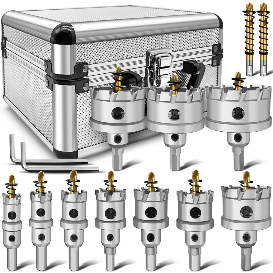 

14 pcs Carbide Hole Saw Kit for Hard Metal, Heavy Duty Carbide Tungsten Carbide Tipped Hole Saw Set, with 1 Aluminum Box 2 Extra