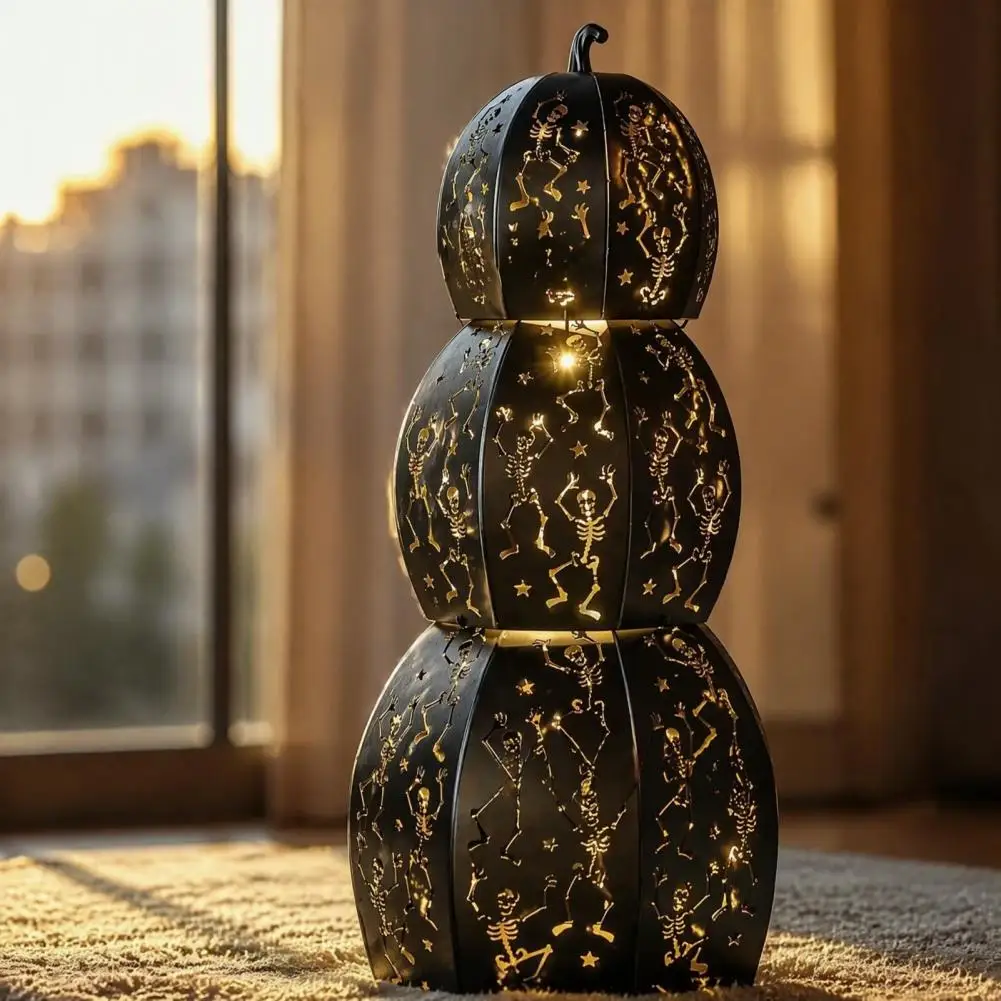 Metal Skeleton Lantern Warm Led Ambient Glow Stacked Metal Pumpkin Lantern 3-tier Halloween Decor with Dancing for Porch