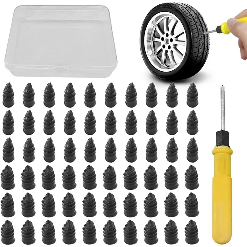 Kit de Reparo de Pneus com 60 Peças, Ferramenta de Reparo de Furos em Pneus com Chave de Fenda, Plugue de Reparo de Pneus a Vácuo, Para Carros e Caminhões