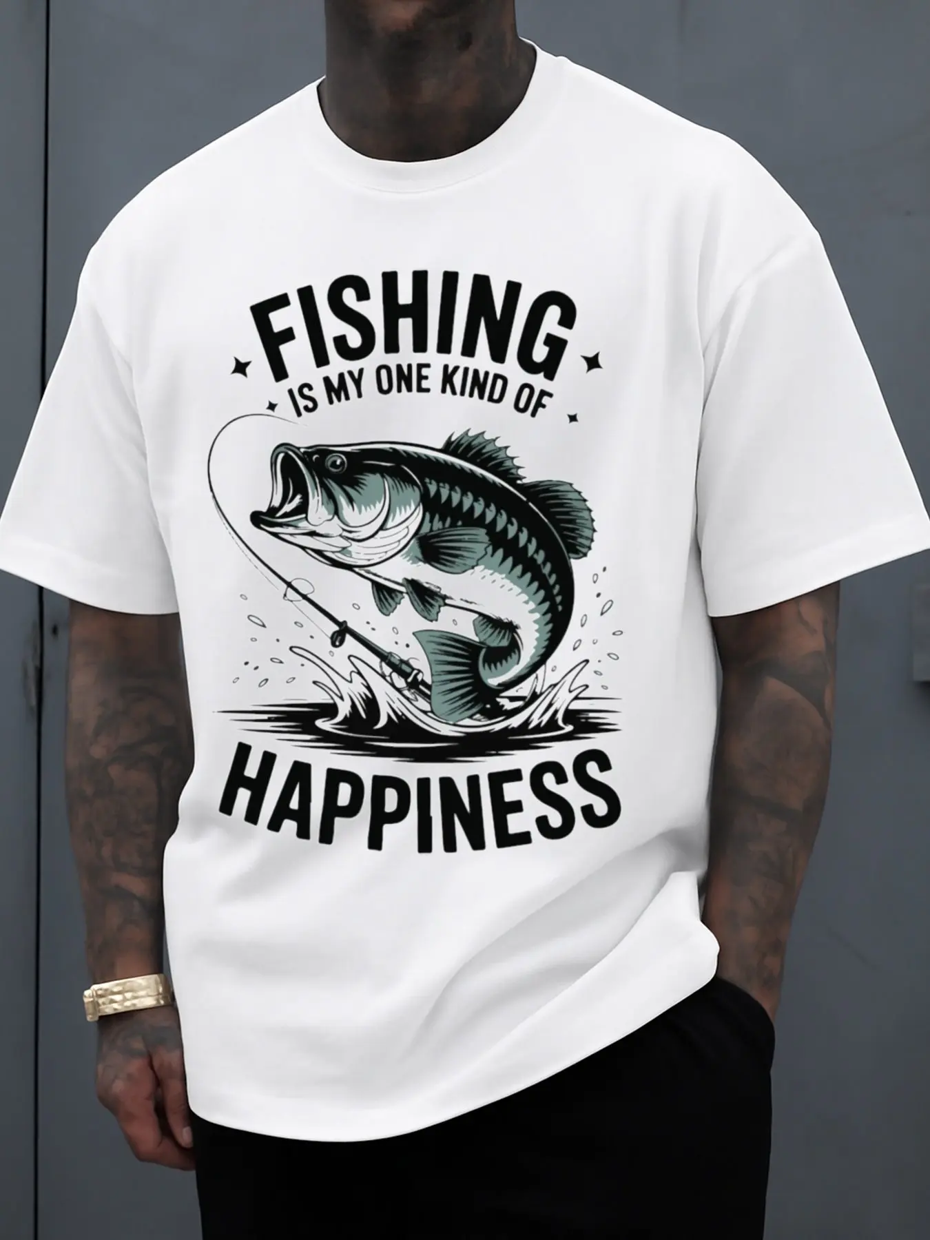 Men's Fishing Happiness Crew Neck T-Shirt, White, Featuring a Stylish Graphic Design These Regular-Fit T-Shirts Are Perfect for Year-Round Casual Wear and Make Great Gift Options. It's the Ideal Choice for Everyday and Weekend Wear.