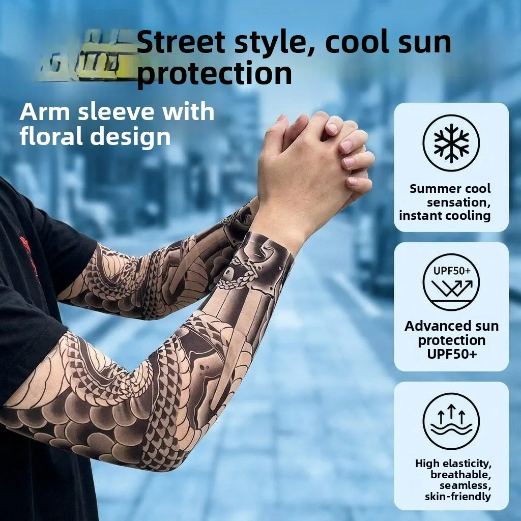 ultra-thin-seamless-floral-arm-ice-sleeve-tattoo-design-summer-men's-sunscreen-uv-protection-lightweight-sunshade-sleeve-cove