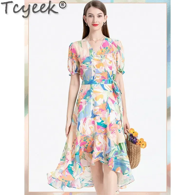 

Tcyeek 100% Mulberry Real Silk Print Clothing Female Summer V-neck Sexy Dress Elegant and Pretty Women's Dresses платье женское