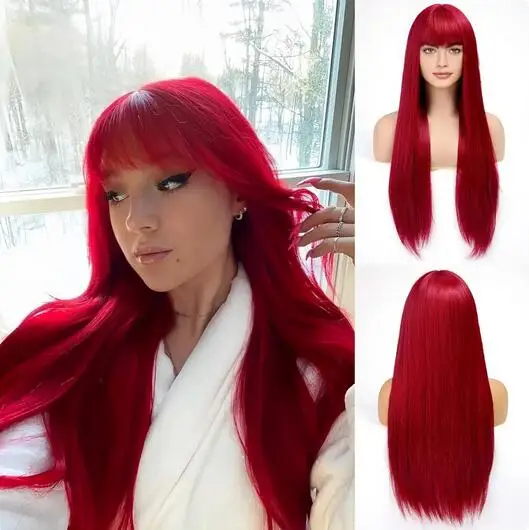 Women's Red Bangs Chemical Fiber Synthetic Wig Long Straight Hair Suitable For Girls Halloween Party Cosplay and Daily Use Wigs