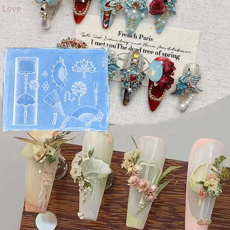 Moule à ongles en Silicone de Style chinois 3D, Dragon exquis, pièces de monnaie en cuivre, cloches, boutons, nœuds chinois, moule en éventail Transparent pour Nail Art