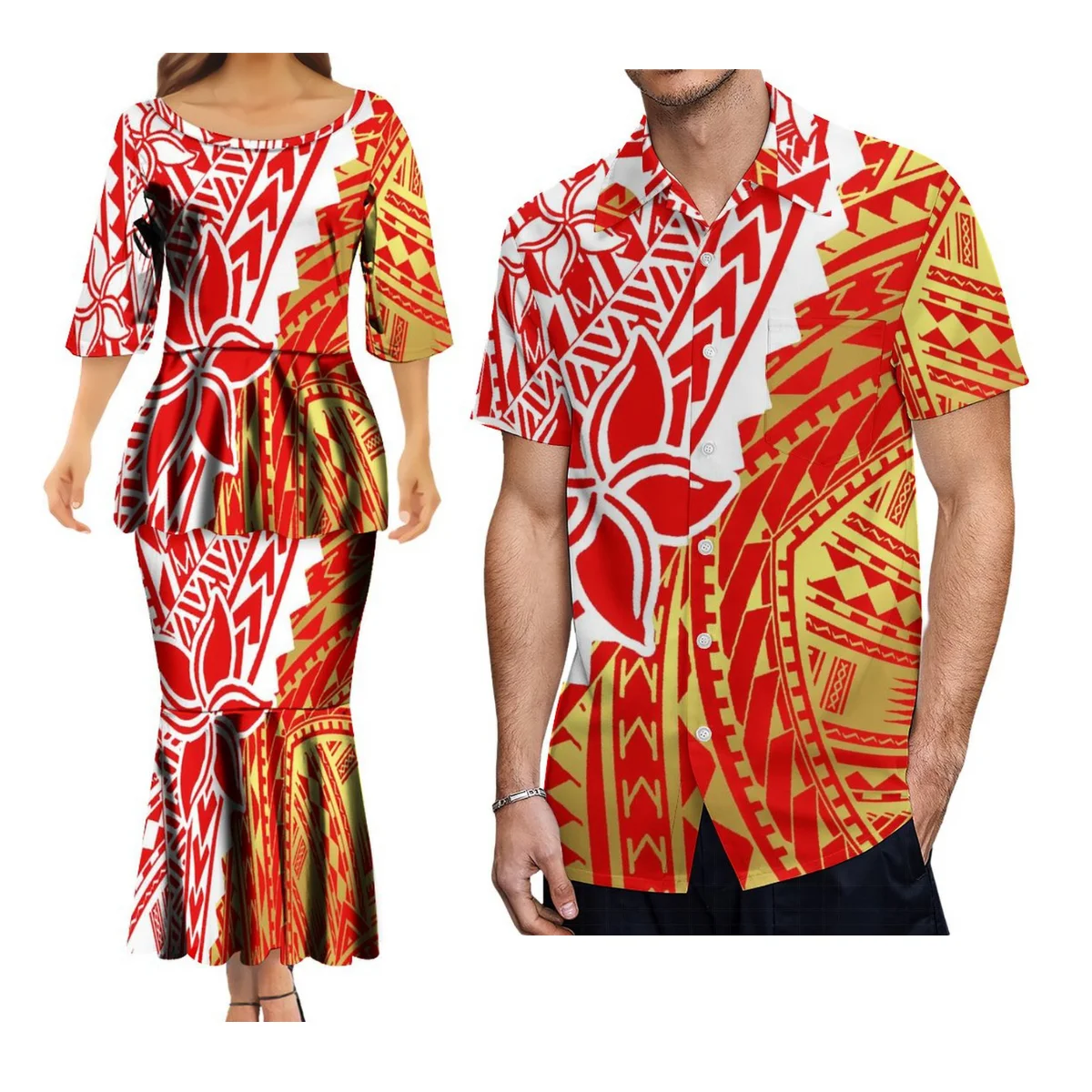 

Traditional Ethnic Couple Set Hawaiian Floral Print Polynesian Dress Women'S Pletasi Dress Samoan Holiday Party Men'S Shirt